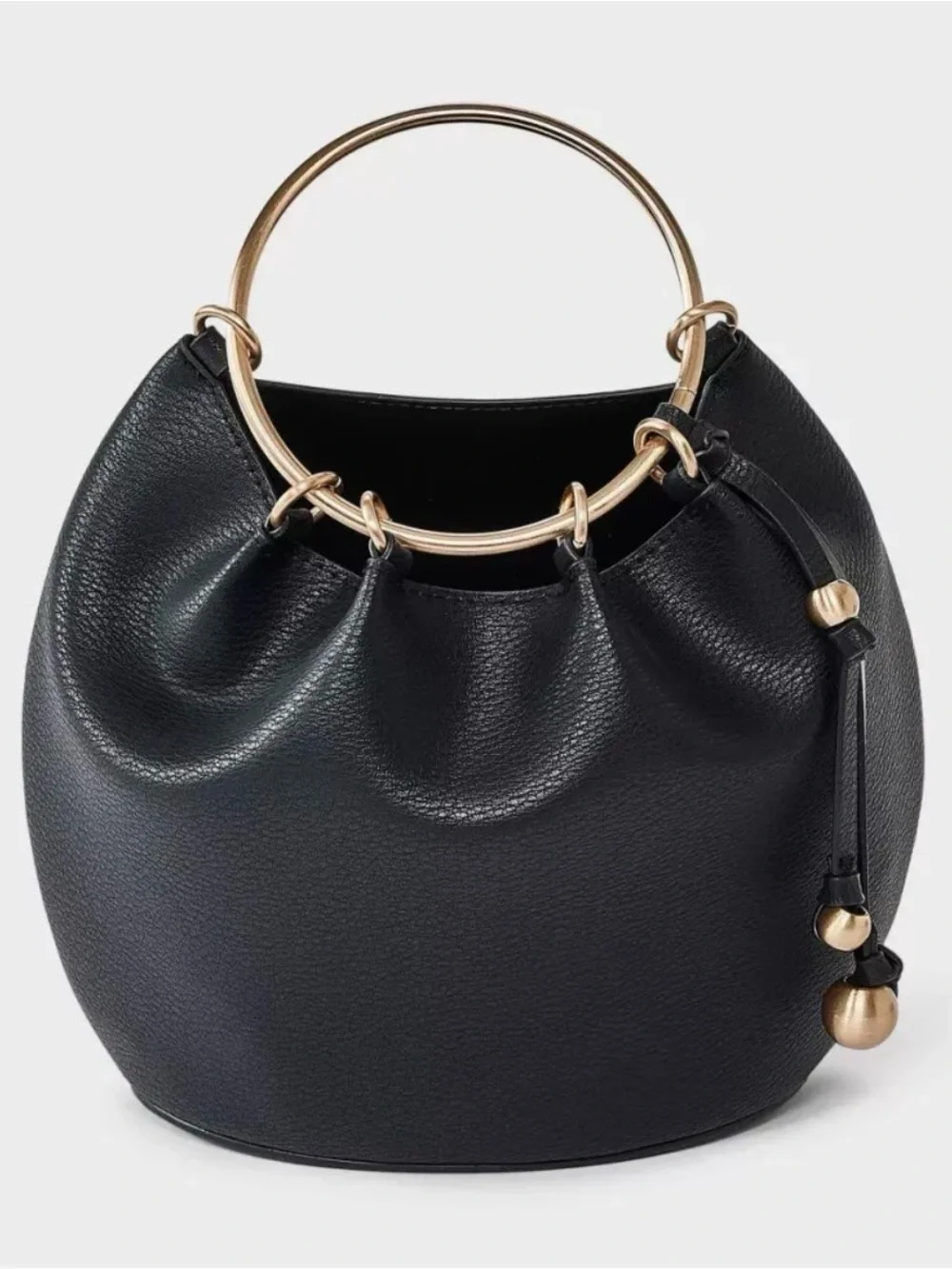 A New Day Black Faux Leather Ring Handle Bucket Bag Chic Gold Hardware Purse NWT